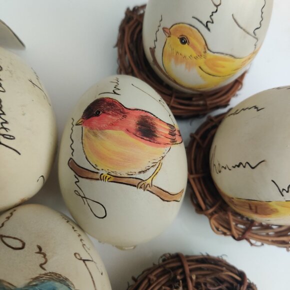 6 Ceramic Painted Bird Egg in Nest Artisan Farmhouse Decor 3.5" For Craft DIY - Picture 4 of 16